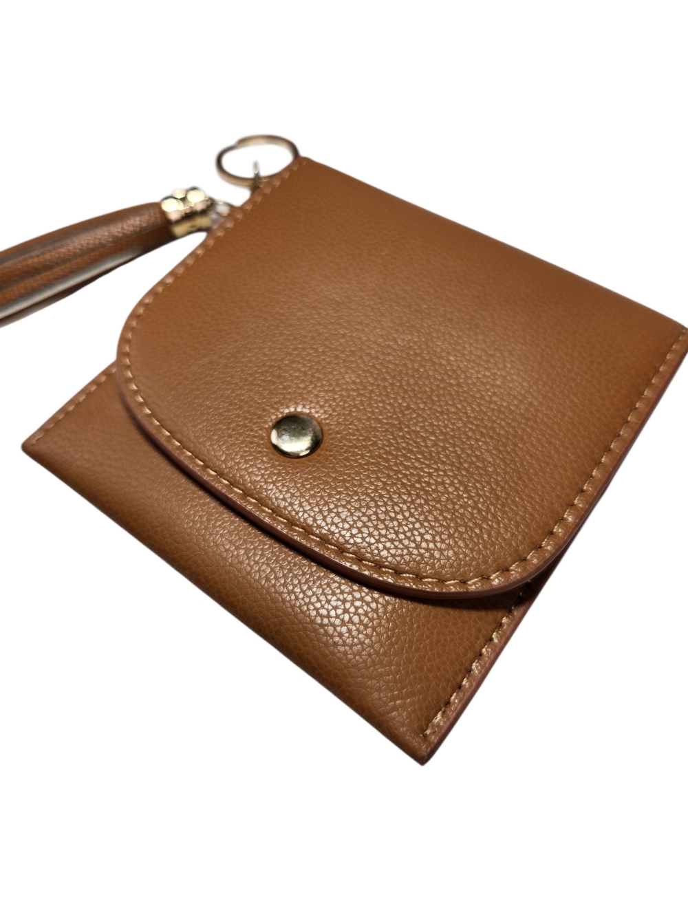 Pink Cove Camel Vegan Leather Card Holder Wallet Keychain Tassel Snap Tan Small